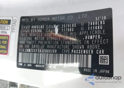 2018 Honda Clarity Plug-In Hybrid Touring z USA, uszkodzony, nr VIN JHMZC5F34JC009389